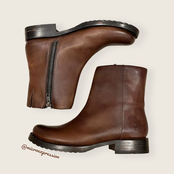 $359 Veronica Seam Short Brown Leather Moto Vintage Boho Zip Up Low Ankle Boot - Picture 2 of 11